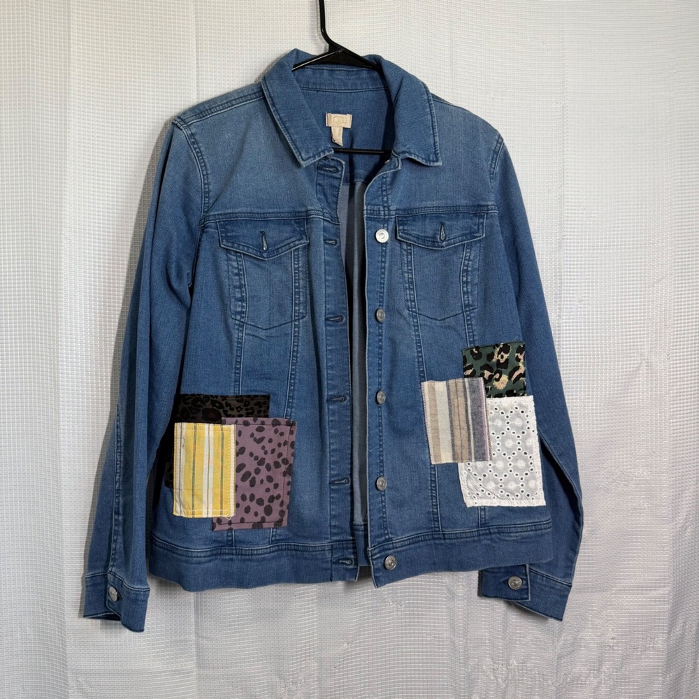 LOGO Lavish Denim Jacket Patchwork Mixed Media Button Up Trucker Boho 10